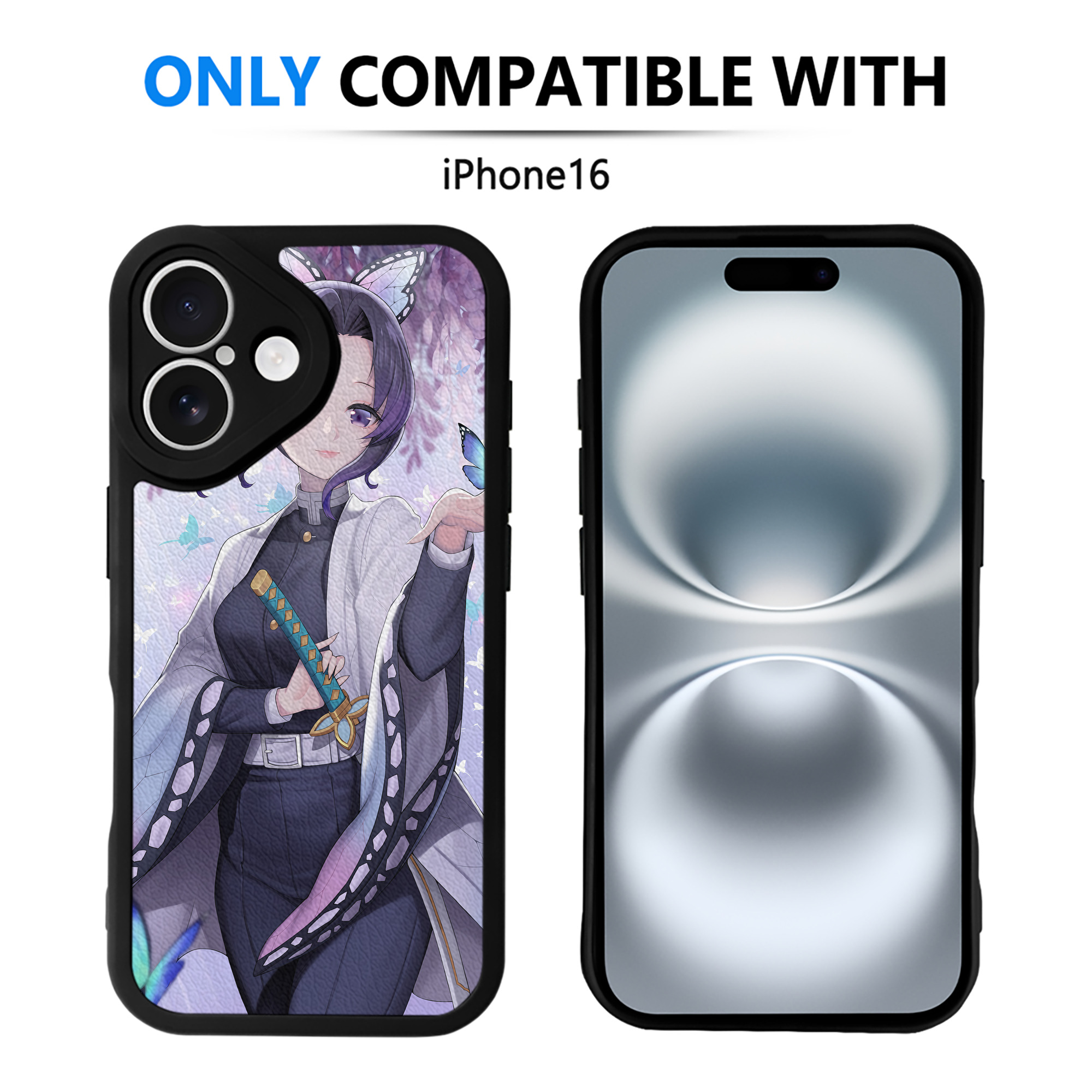 （画像用） 鬼滅の刃（きめつのやいば）蟲柱-胡蝶 しのぶ／こちょう しのぶ Kochou Shinobu 【iPhone 16シリーズ対応】シリコンスマホケース（レザー調） 材質：シリコン